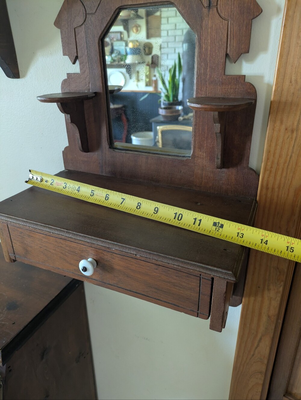 Antique Eastlake Victorian Walnut Wall Mirror Shaving Stand Comb Case - Picture 8 of 11
